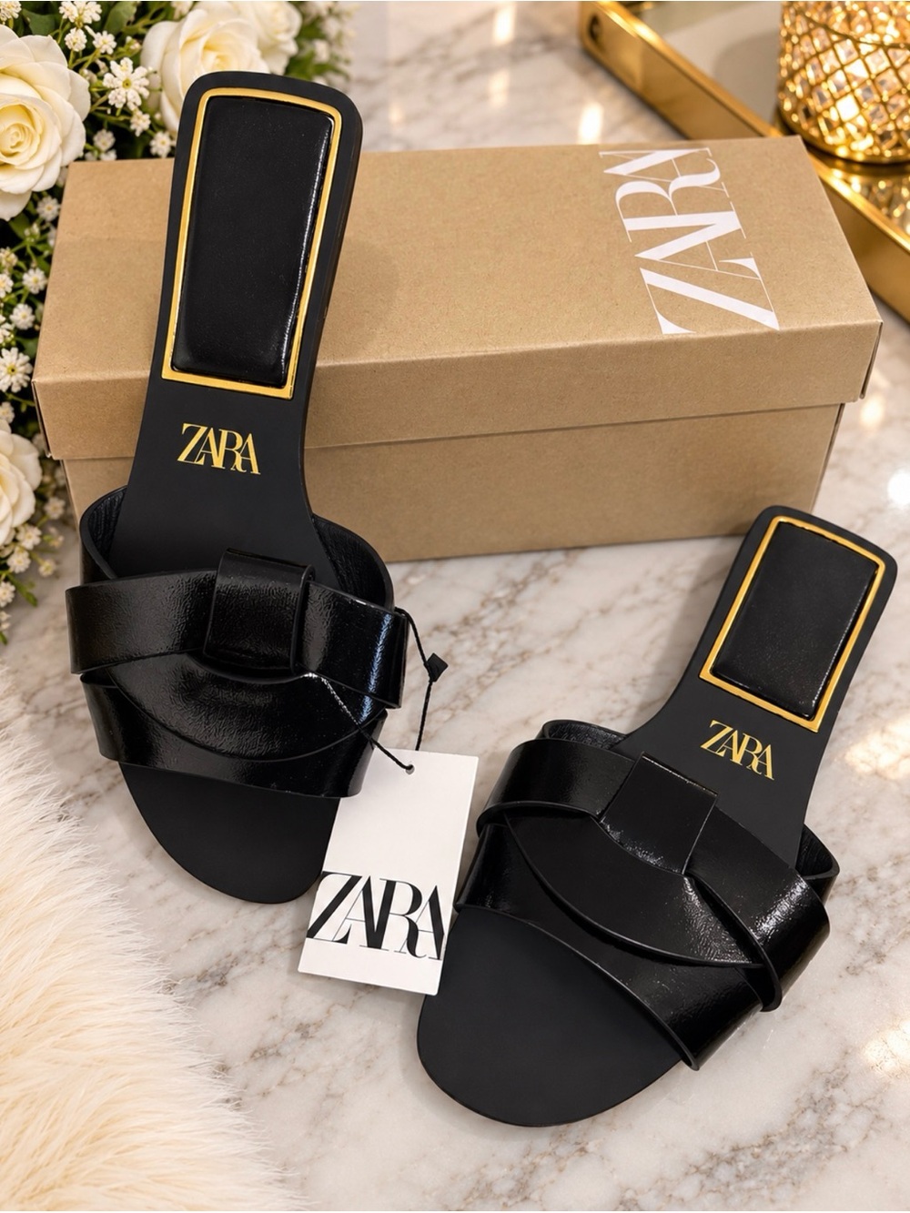 ZARA Black Patent Bow Slip-On Mules